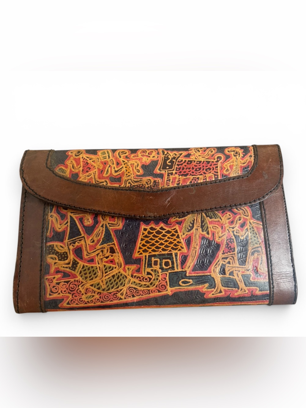 Vintage Tooled Leather Wallet Hand Painted Folk Art Pattern Brown
